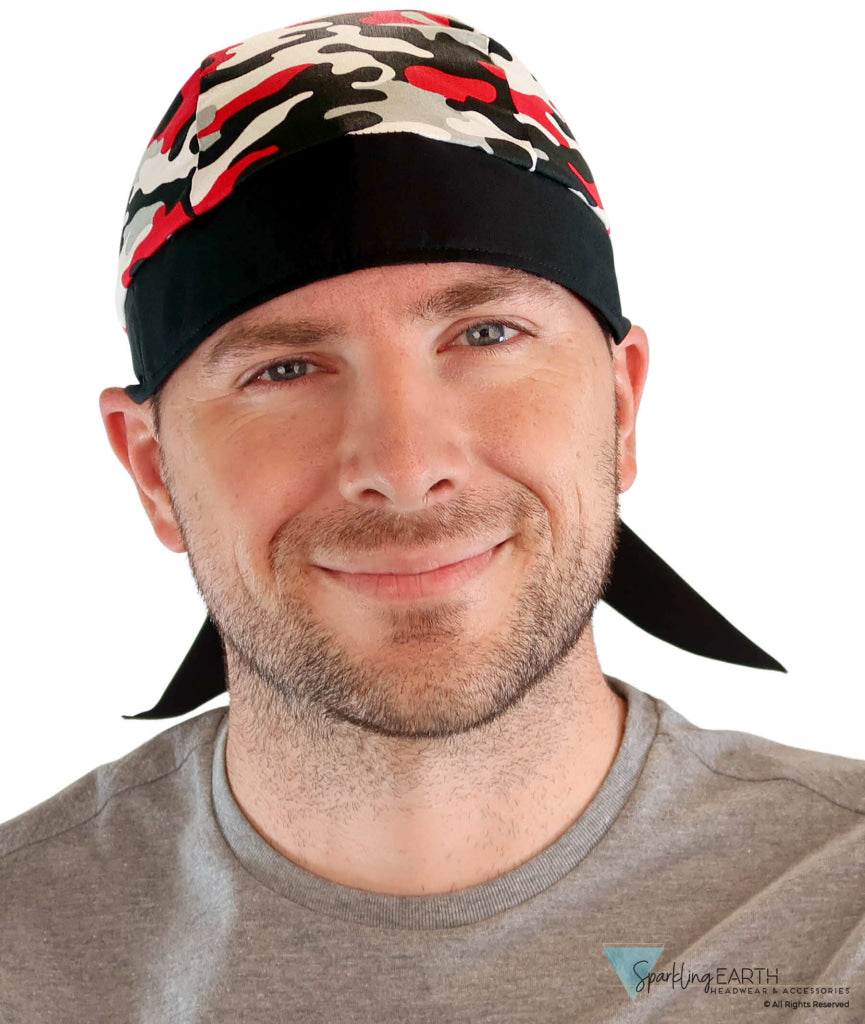 Breathable Cotton Skull Caps Red Grey Black & White Camouflage with Black Ties Classic Skull Caps