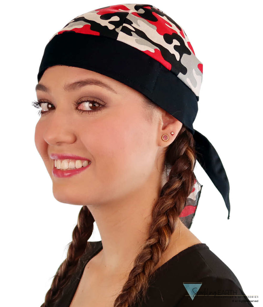 Breathable Cotton Skull Caps Red Grey Black & White Camouflage with Black Ties Classic Skull Caps