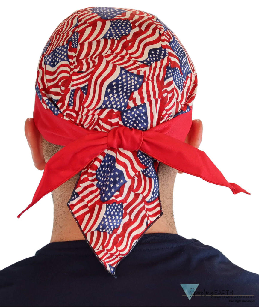 Breathable Cotton Skull Caps Small Tossed US Flag with Red Band Classic Skull Caps