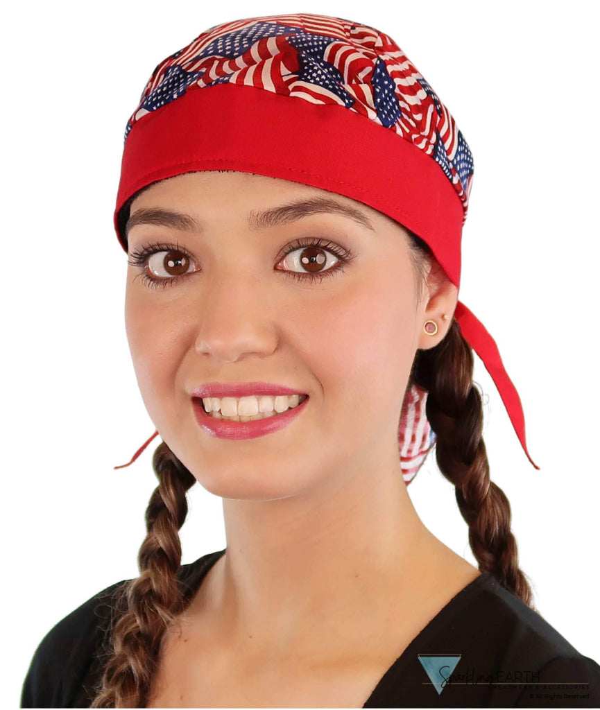 Breathable Cotton Skull Caps Small Tossed US Flag with Red Band Classic Skull Caps