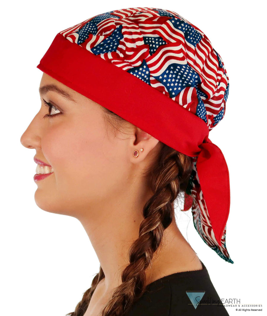 Breathable Cotton Skull Caps Small Tossed US Flag with Red Band Classic Skull Caps