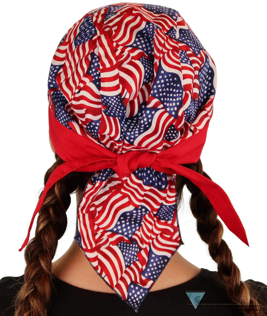 Breathable Cotton Skull Caps Small Tossed US Flag with Red Band Classic Skull Caps