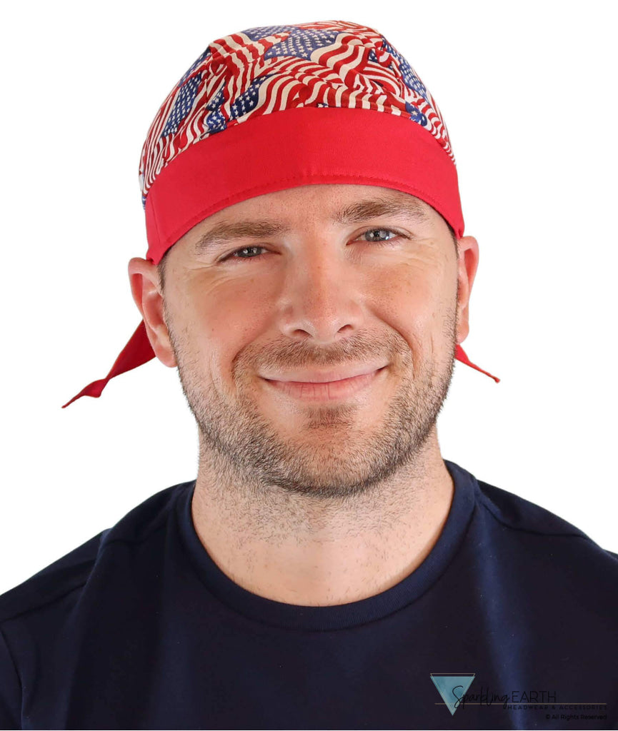 Breathable Cotton Skull Caps Small Tossed US Flag with Red Band Classic Skull Caps
