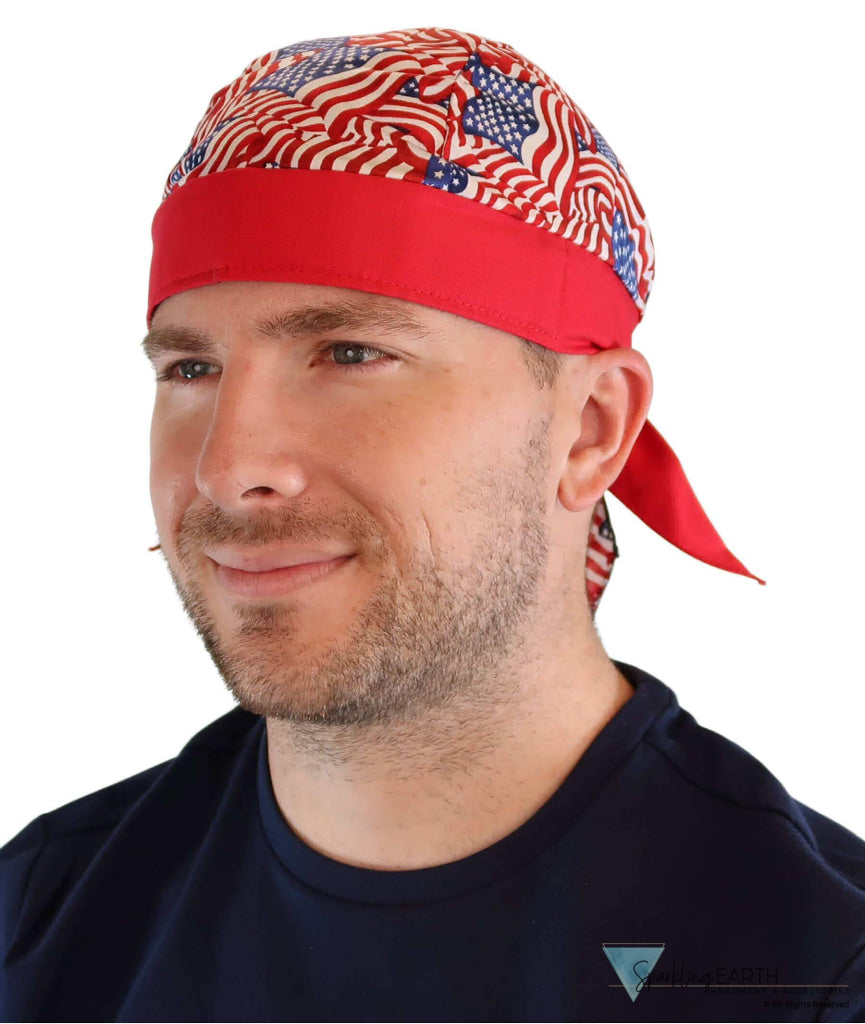 Breathable Cotton Skull Caps Small Tossed US Flag with Red Band Classic Skull Caps