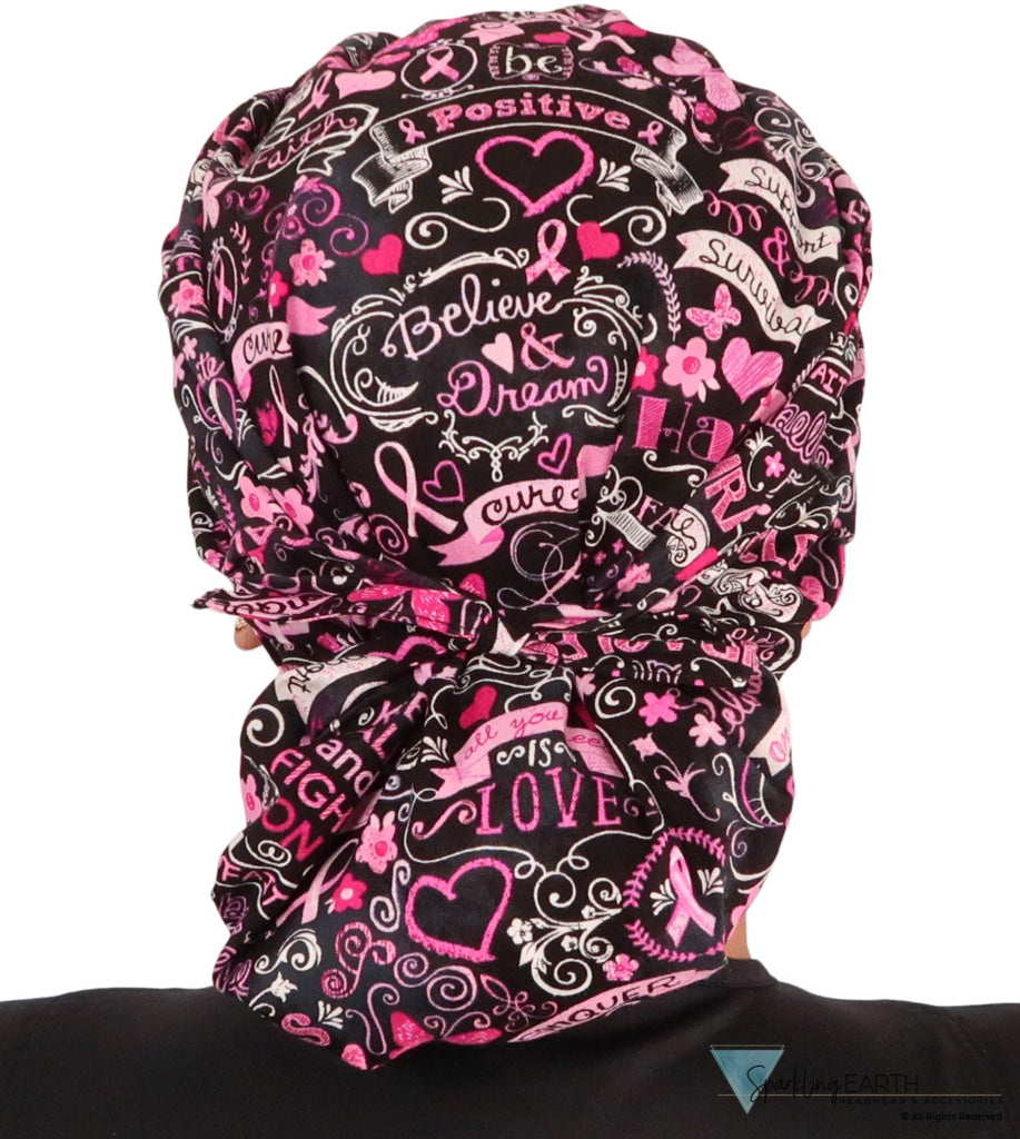 BUNDLE Banded Bouffant Surgical Scrub Cap - Pink Ribbon Collage and Tossed Pink Ribbons Designer Banded Bouffant