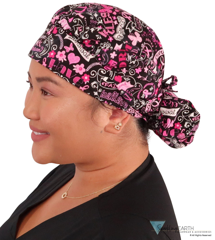 BUNDLE Banded Bouffant Surgical Scrub Cap - Pink Ribbon Collage and Tossed Pink Ribbons Designer Banded Bouffant