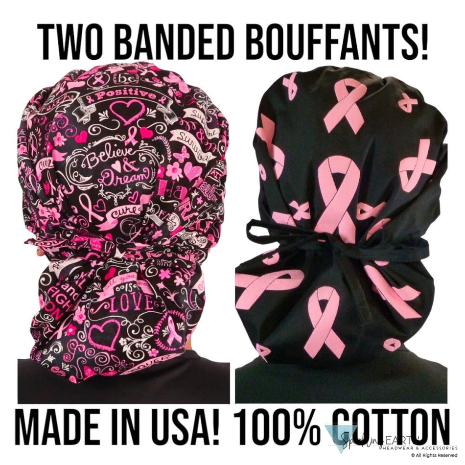 BUNDLE Banded Bouffant Surgical Scrub Cap - Pink Ribbon Collage and Tossed Pink Ribbons Designer Banded Bouffant