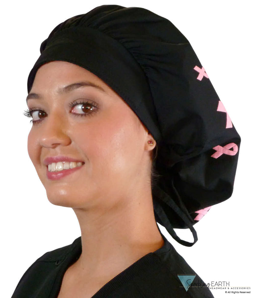 BUNDLE Banded Bouffant Surgical Scrub Cap - Pink Ribbon Collage and Tossed Pink Ribbons Designer Banded Bouffant