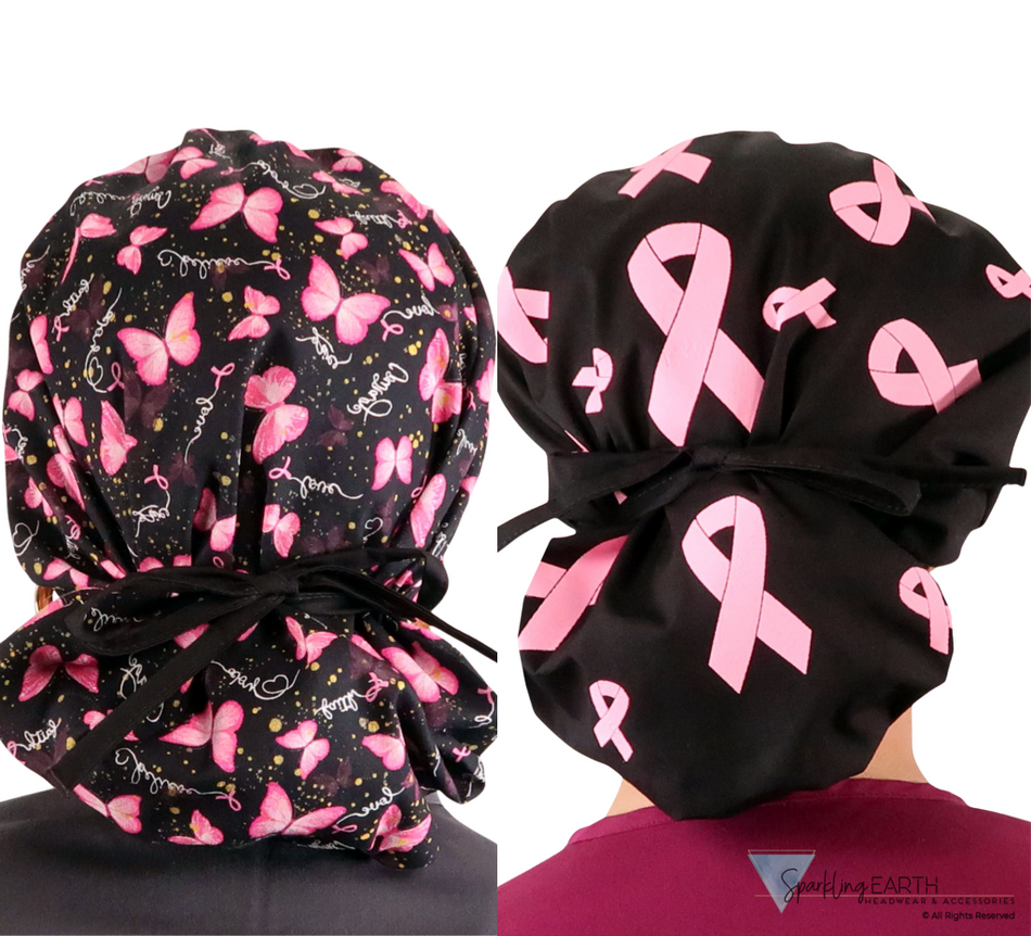 BUNDLE Banded Bouffant Ponytail Scrub Caps Wings of Hope and Tossed Pink Ribbons Designer Banded Bouffant Surgical Caps