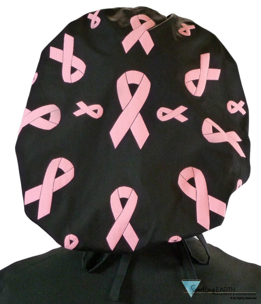 Stylish American Made Banded Bouffant Ponytail Scrub Cap - Tossed Pink Ribbons on Black SALE-Fall-2025