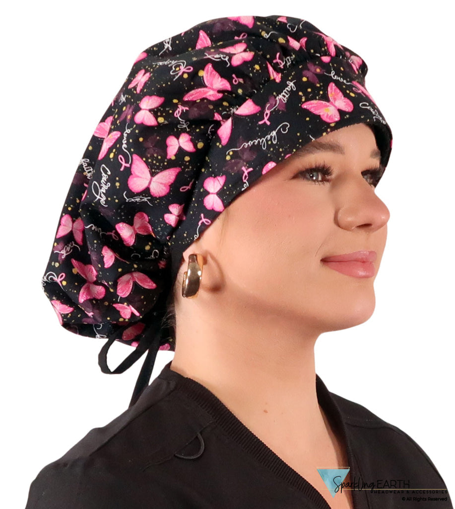 Stylish American Made Banded Bouffant Ponytail Scrub Cap - Wings of Hope (Pink Ribbons) with Black Ties Banded Bouffant