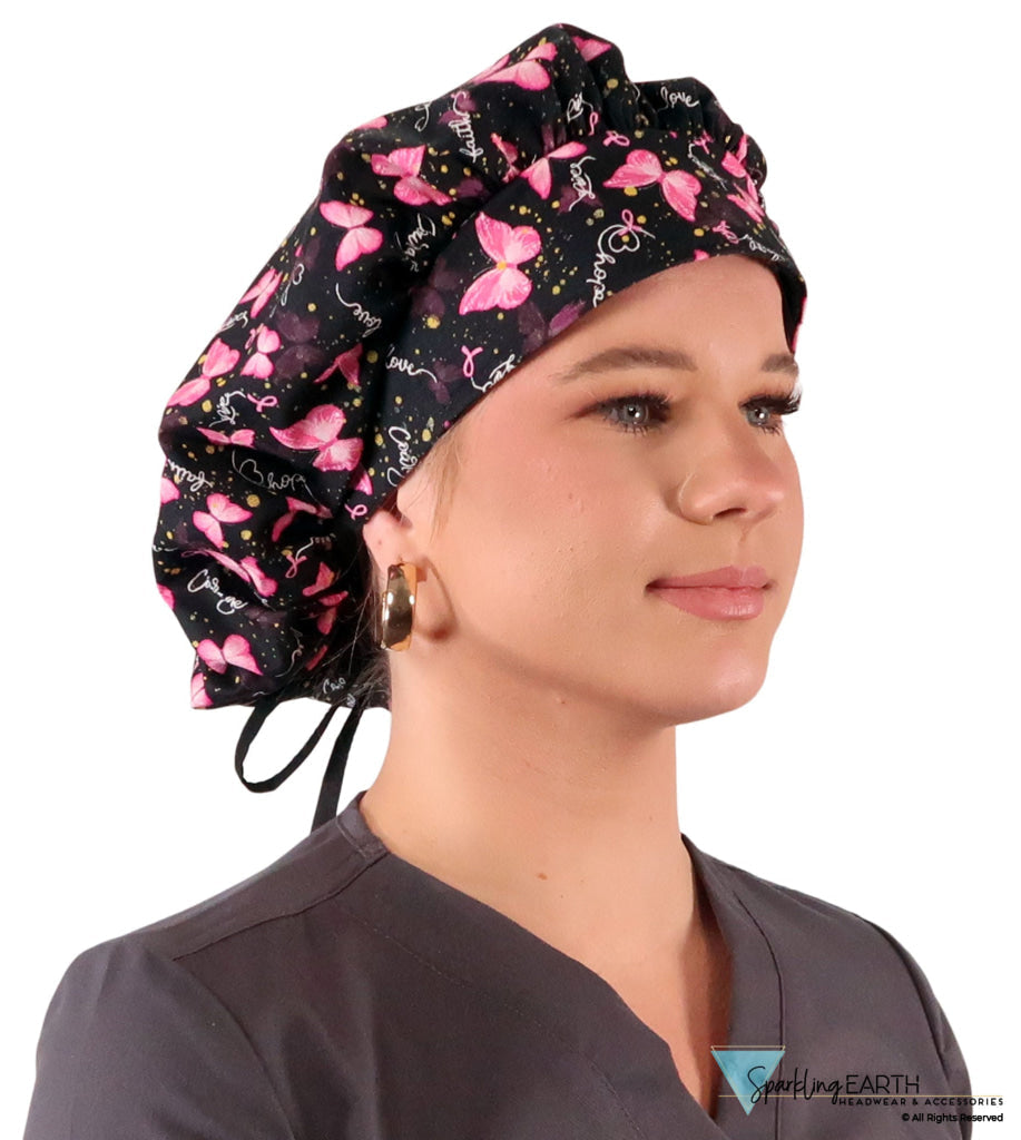 Stylish American Made Banded Bouffant Ponytail Scrub Cap - Wings of Hope (Pink Ribbons) with Black Ties Banded Bouffant