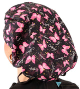 Stylish American Made Banded Bouffant Ponytail Scrub Cap - Wings of Hope (Pink Ribbons) with Black Ties Banded Bouffant