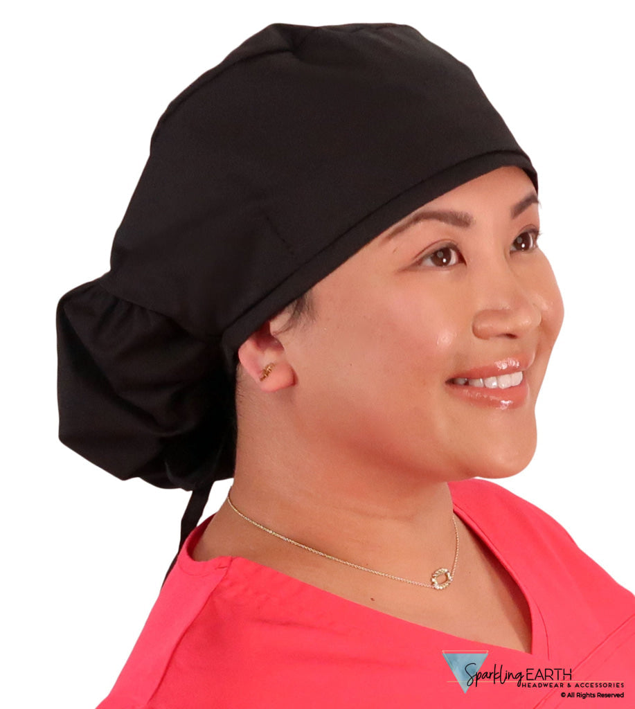 Big Hair Ponytail Surgical Scrub Cap - Perfect Scrub Cap for Long Hair - Solid Black Big Hair Surgical Scrub Caps