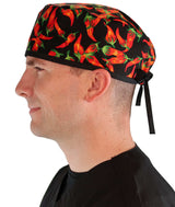 Classic Cotton Surgical Scrub Cap - American-Made with Sweatband - Mixed Chili Peppers on Black w/Black Ties - Surgical Scrub Caps - Sparkling EARTH