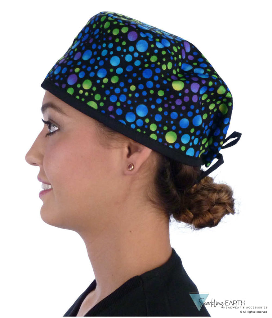 Classic Cotton Surgical Scrub Cap American Made with Sweatband Blue Green & Purple Dots with Black Ties Surgical Scrub