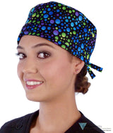 Classic Cotton Surgical Scrub Cap - American-Made with Sweatband - Blue Green & Purple Dots with Black Ties Surgical