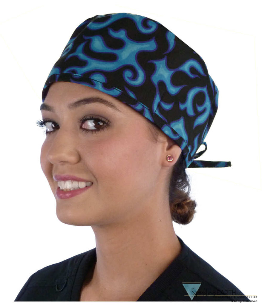 Classic Cotton Surgical Scrub Cap - American-Made with Sweatband - Blue Liquid Flames on Black Surgical Scrub Caps