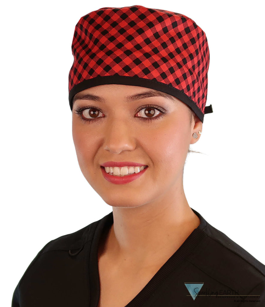 Classic Cotton Surgical Scrub Cap - American-Made with Sweatband - Buffalo Check with Black Ties Surgical Scrub Caps