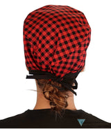 Classic Cotton Surgical Scrub Cap - American-Made with Sweatband - Buffalo Check with Black Ties Surgical Scrub Caps