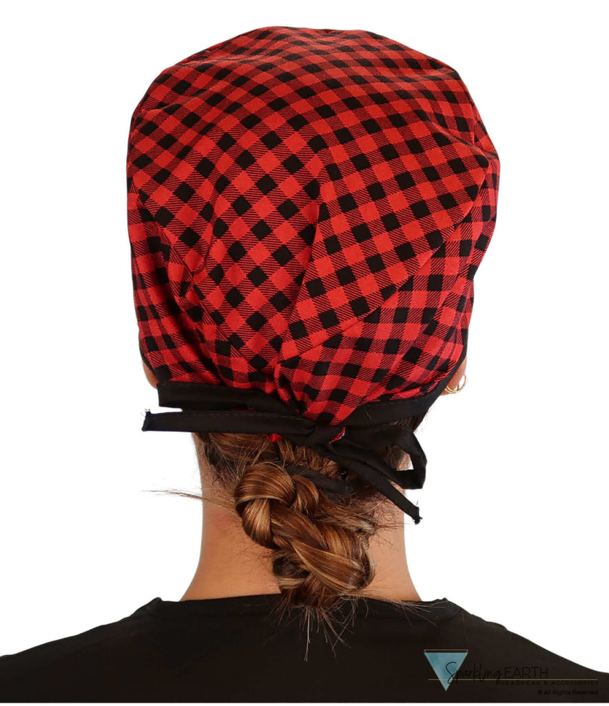 Classic Cotton Surgical Scrub Cap - American-Made with Sweatband - Buffalo Check with Black Ties Surgical Scrub Caps