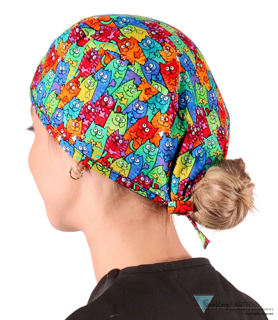 Classic Cotton Surgical Scrub Cap - American-Made with Sweatband - Colorful Cats Meow Surgical Scrub Caps
