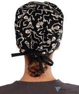 Classic Cotton Surgical Scrub Cap - American-Made with Sweatband - Dancing Skeletons with Black Ties (Glow In The Dark)