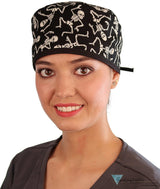 Classic Cotton Surgical Scrub Cap - American-Made with Sweatband - Dancing Skeletons with Black Ties (Glow In The Dark)