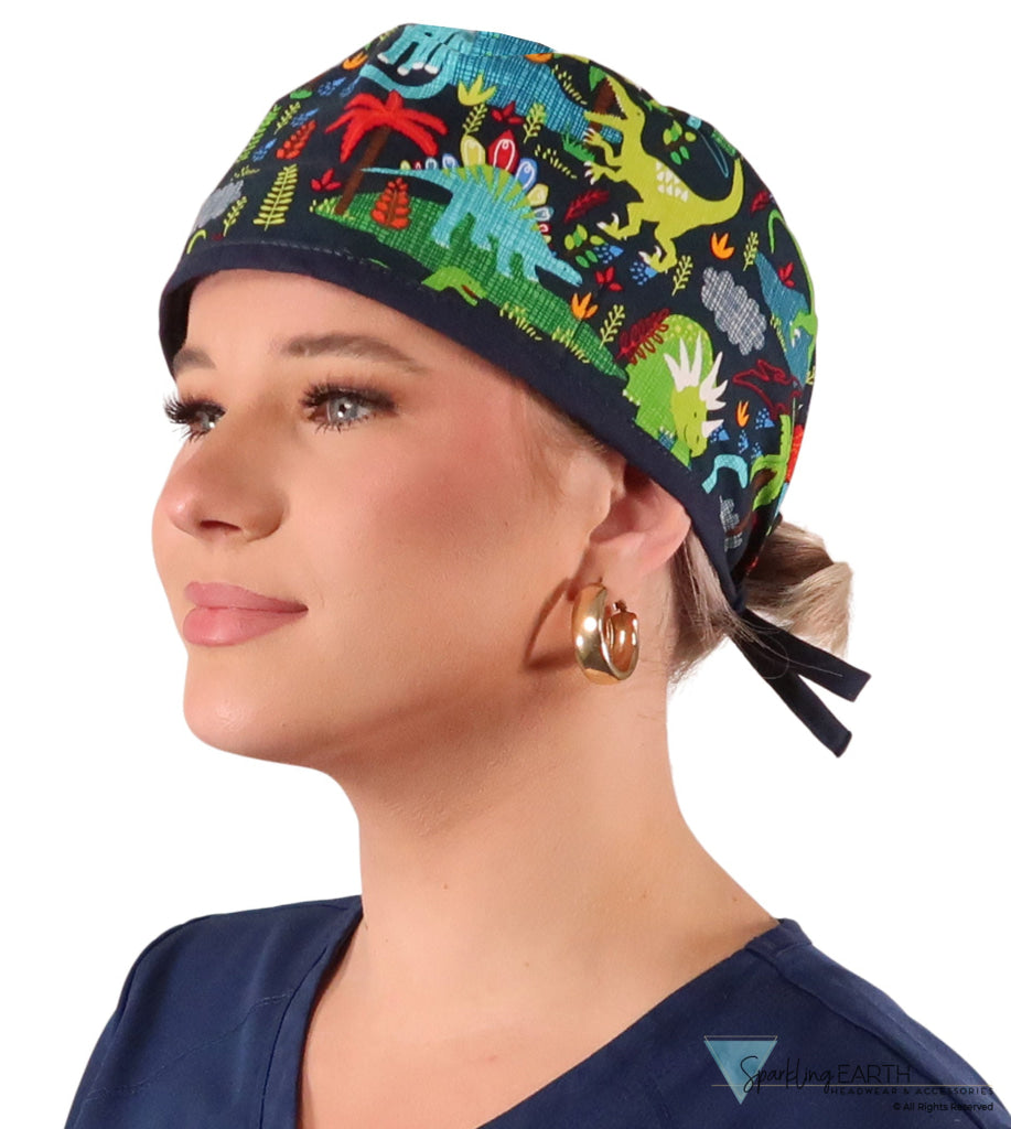 Classic Cotton Surgical Scrub Cap American-Made with Sweatband - Dynamic Dinosaurs with Navy Ties Surgical Scrub Caps
