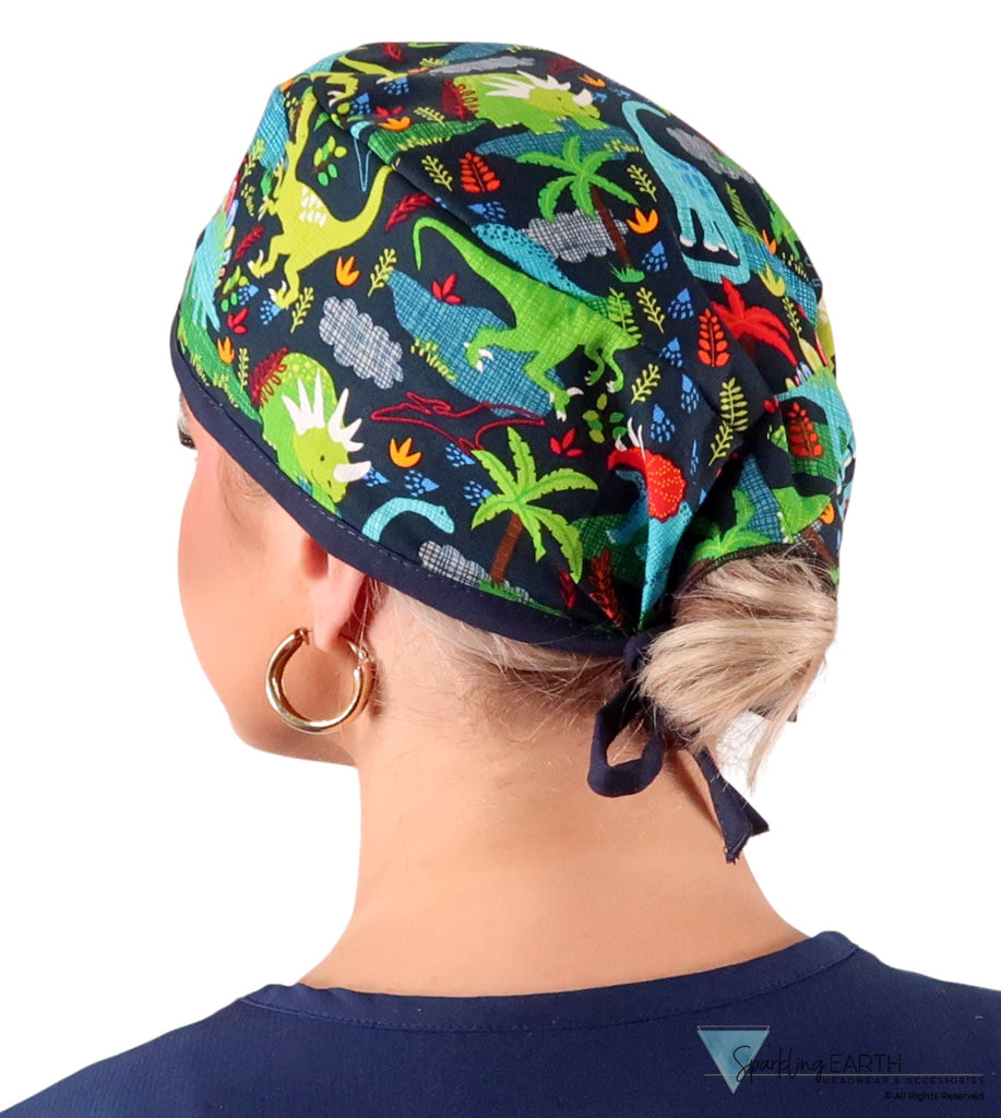 Classic Cotton Surgical Scrub Cap - American-Made with Sweatband - Dynamic Dinosaurs with Navy Ties Surgical Scrub Caps