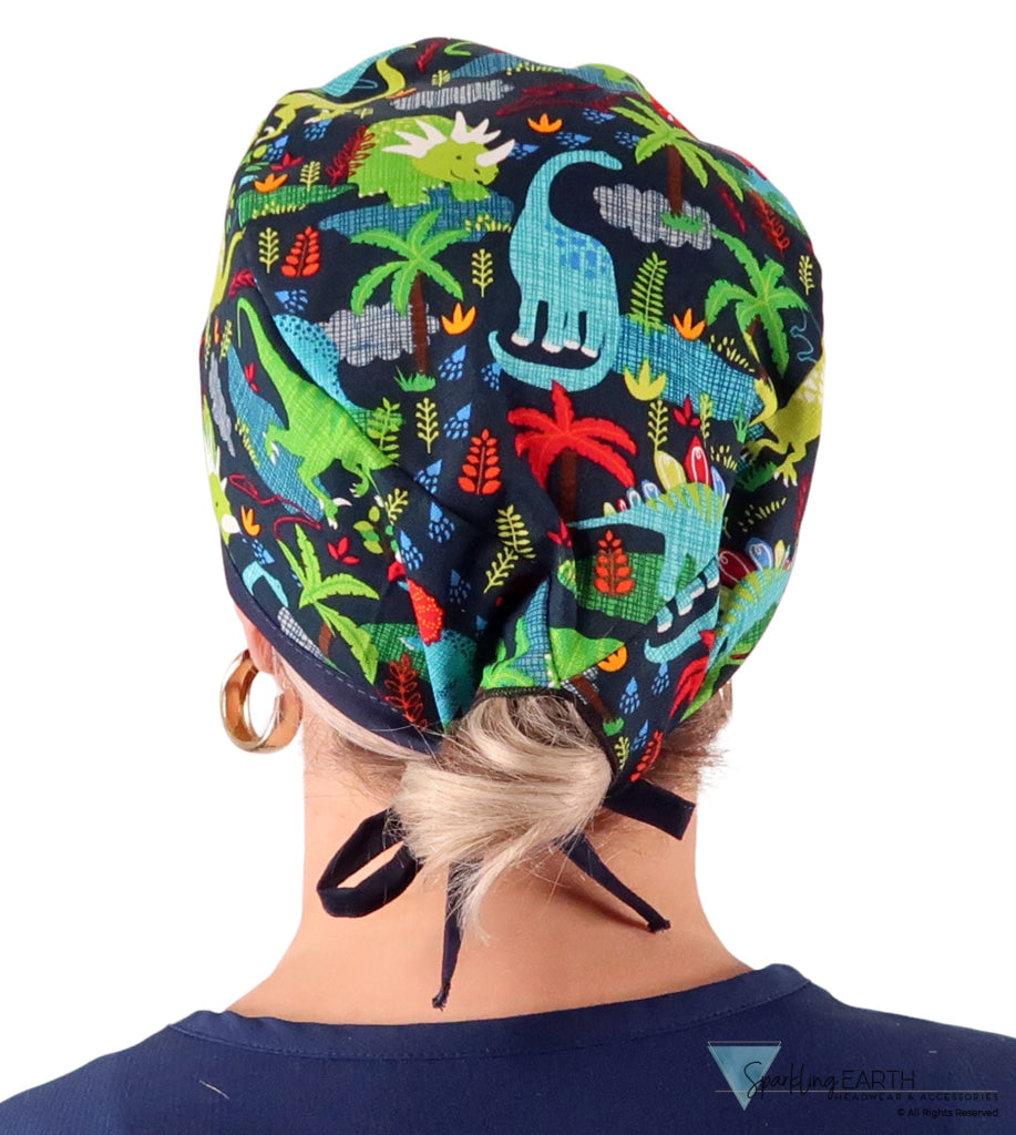Classic Cotton Surgical Scrub Cap - American-Made with Sweatband - Dynamic Dinosaurs with Navy Ties Surgical Scrub Caps