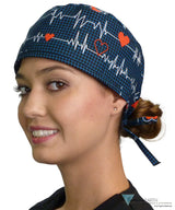 Classic Cotton Surgical Scrub Cap - American-Made with Sweatband - Heartbeats on Navy Surgical Scrub Caps