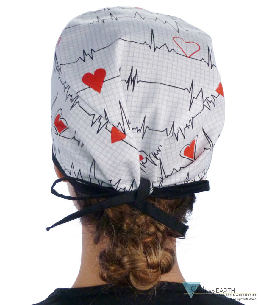 Classic Cotton Surgical Scrub Cap American Made with Sweatband Heartbeats on White with Black Ties Surgical Scrub Caps