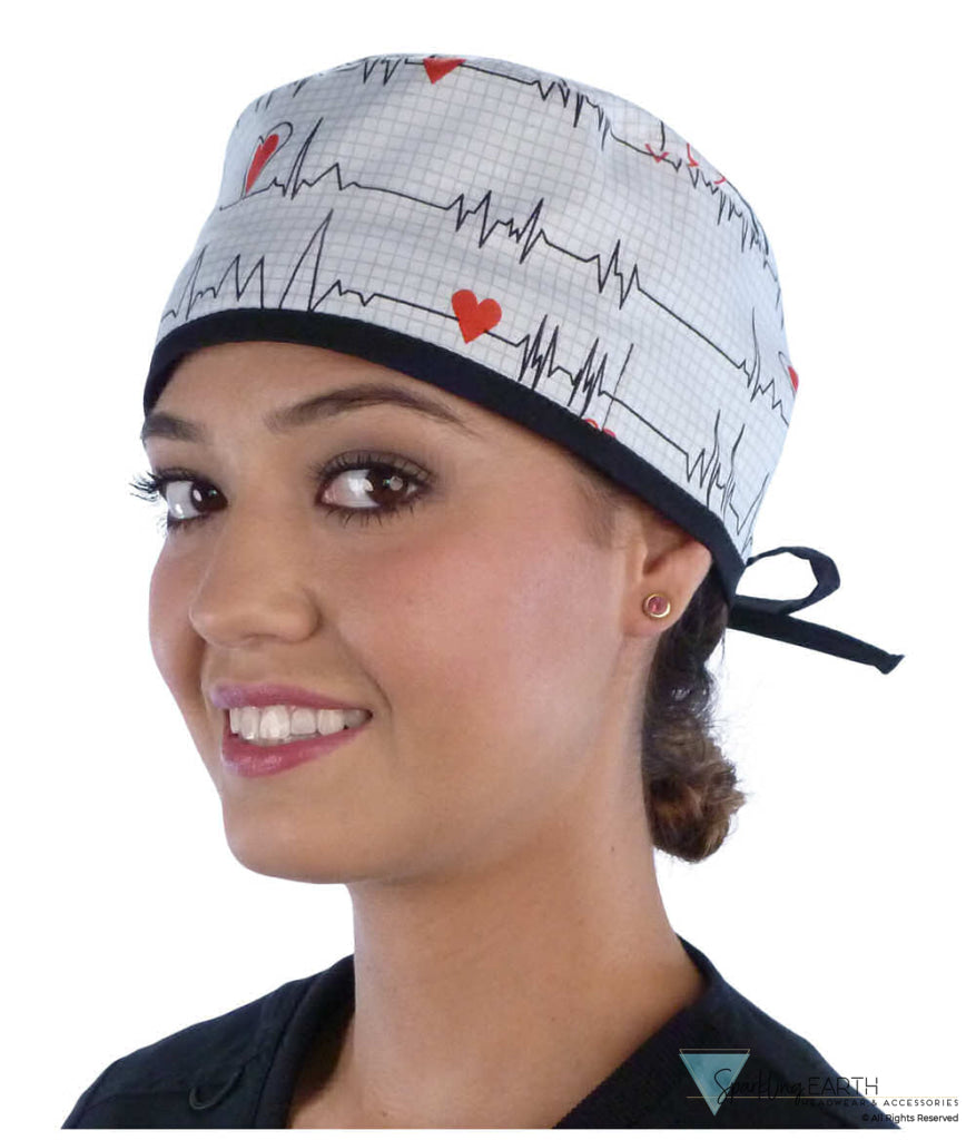 Classic Cotton Surgical Scrub Cap American Made with Sweatband Heartbeats on White with Black Ties Surgical Scrub Caps