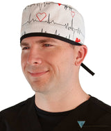 Classic Cotton Surgical Scrub Cap - American-Made with Sweatband - Heartbeats on White with Black Ties Surgical Scrub