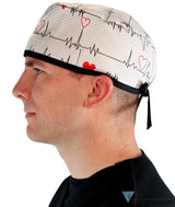 Classic Cotton Surgical Scrub Cap - American-Made with Sweatband - Heartbeats on White with Black Ties Surgical Scrub
