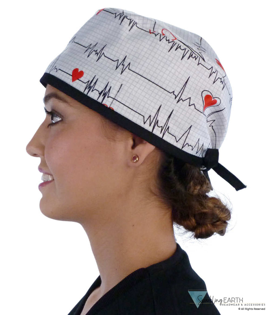 Classic Cotton Surgical Scrub Cap American Made with Sweatband Heartbeats on White with Black Ties Surgical Scrub Caps