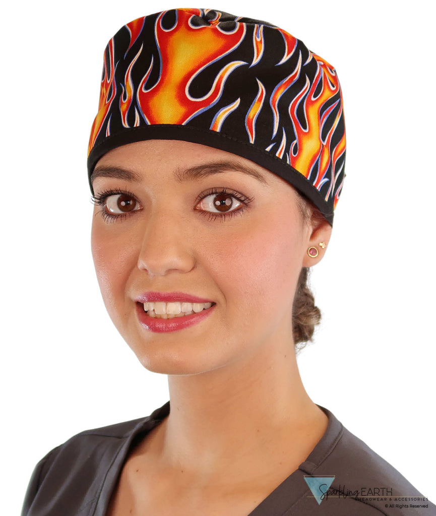 Surgical Cap - Hot Rod Flames with Black Ties - Surgical Scrub Caps - Sparkling EARTH