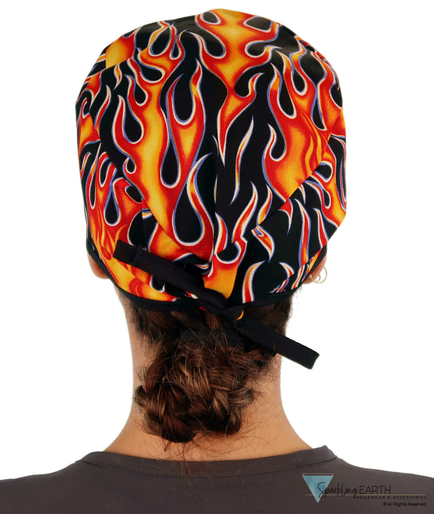 Surgical Cap - Hot Rod Flames with Black Ties - Surgical Scrub Caps - Sparkling EARTH