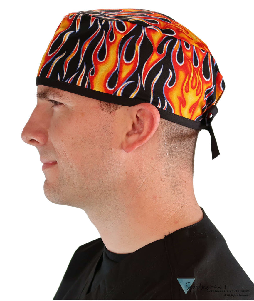 Surgical Cap - Hot Rod Flames with Black Ties - Surgical Scrub Caps - Sparkling EARTH