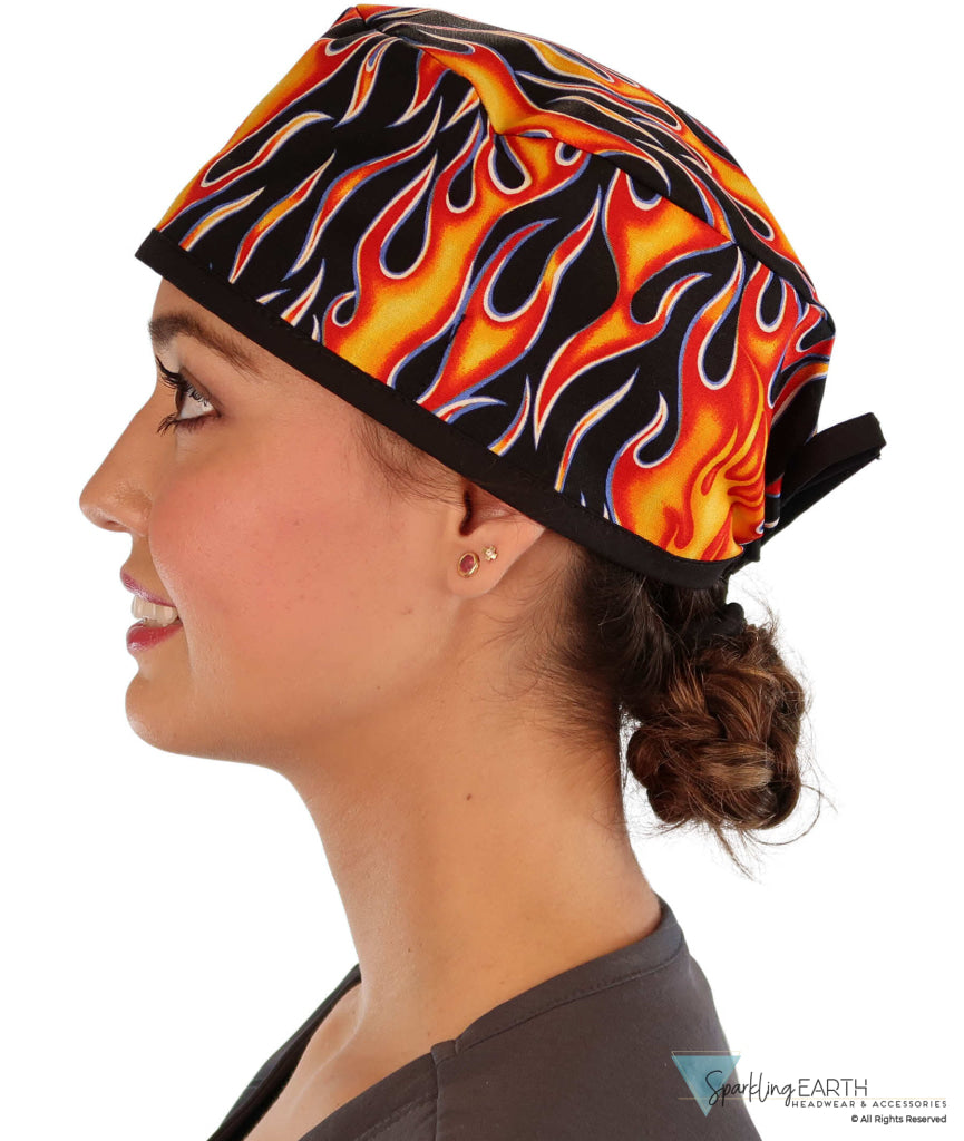 Surgical Cap - Hot Rod Flames with Black Ties - Surgical Scrub Caps - Sparkling EARTH
