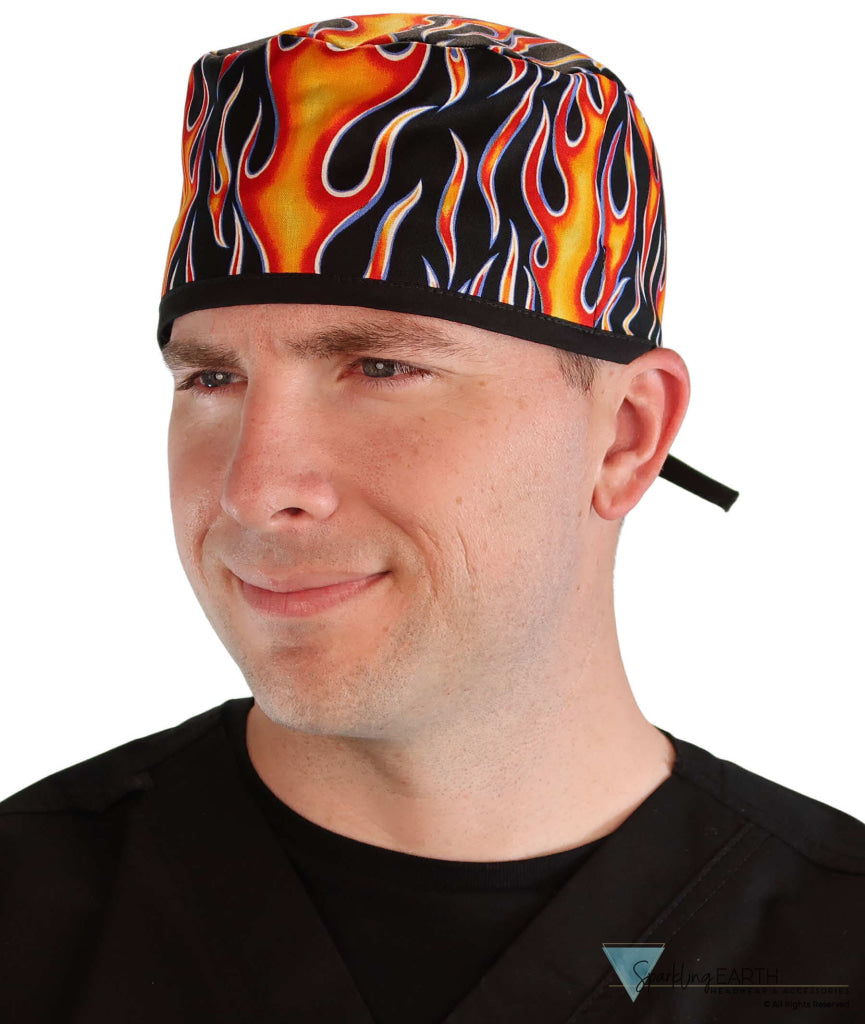 Surgical Cap - Hot Rod Flames with Black Ties - Surgical Scrub Caps - Sparkling EARTH
