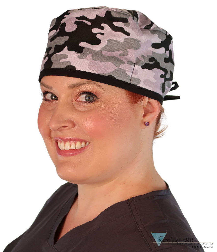 Surgical Scrub Cap - Kickin Camo Black & Grey with Black Ties - Surgical Scrub Caps - Sparkling EARTH