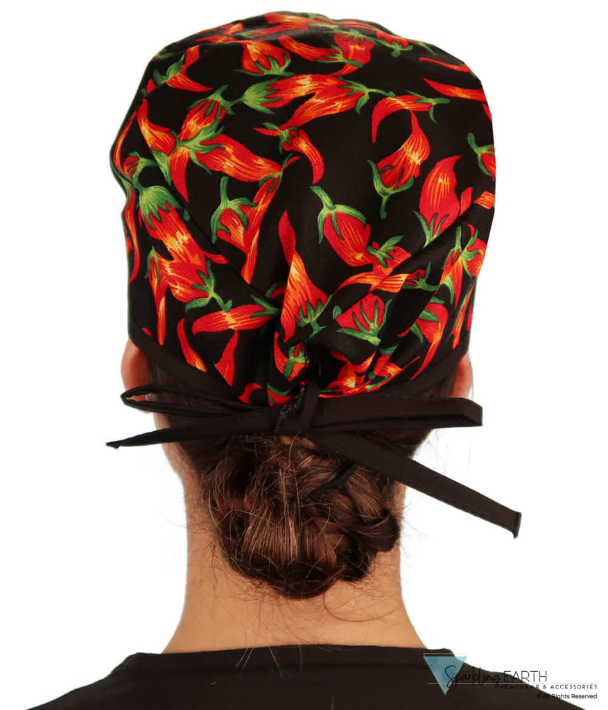 Classic Cotton Surgical Scrub Cap American Made with Sweatband Mixed Chili Peppers on Black w/Black Ties Surgical Scrub