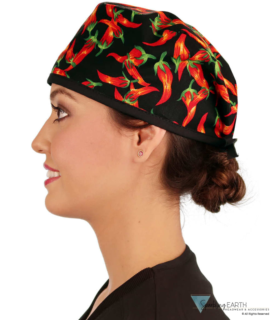 Classic Cotton Surgical Scrub Cap American Made with Sweatband Mixed Chili Peppers on Black w/Black Ties Surgical Scrub