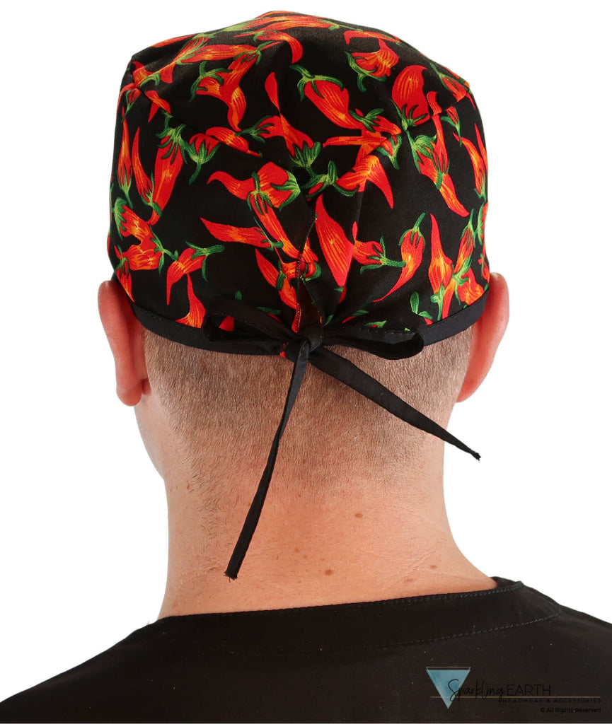 Classic Cotton Surgical Scrub Cap American Made with Sweatband Mixed Chili Peppers on Black w/Black Ties Surgical Scrub