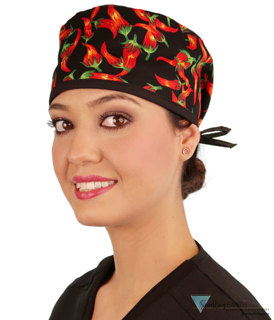 Classic Cotton Surgical Scrub Cap American Made with Sweatband Mixed Chili Peppers on Black w/Black Ties Surgical Scrub