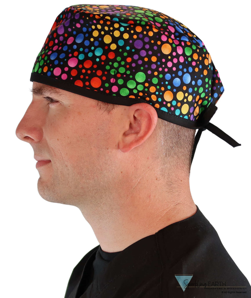 Classic Cotton Surgical Scrub Cap American Made with Sweatband Multi Color Dots with Black Ties Surgical Scrub Caps