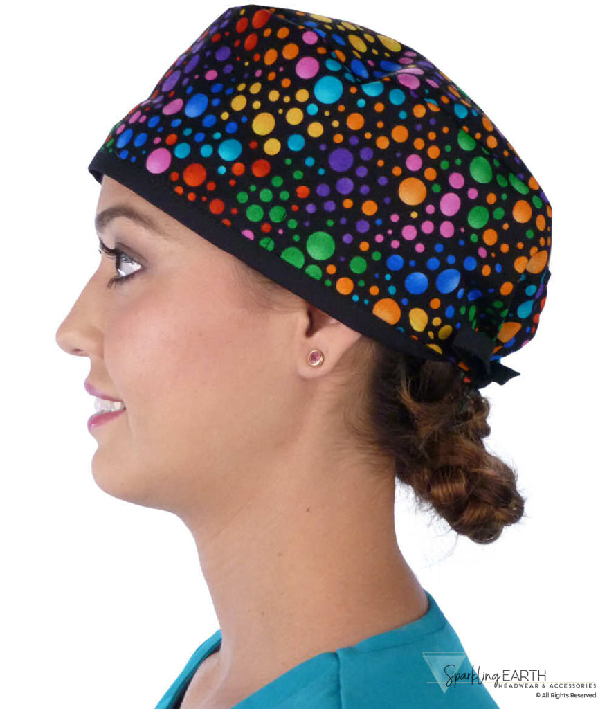 Classic Cotton Surgical Scrub Cap American Made with Sweatband Multi Color Dots with Black Ties Surgical Scrub Caps