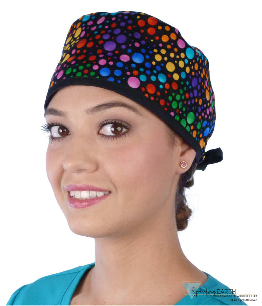 Classic Cotton Surgical Scrub Cap American Made with Sweatband Multi Color Dots with Black Ties Surgical Scrub Caps